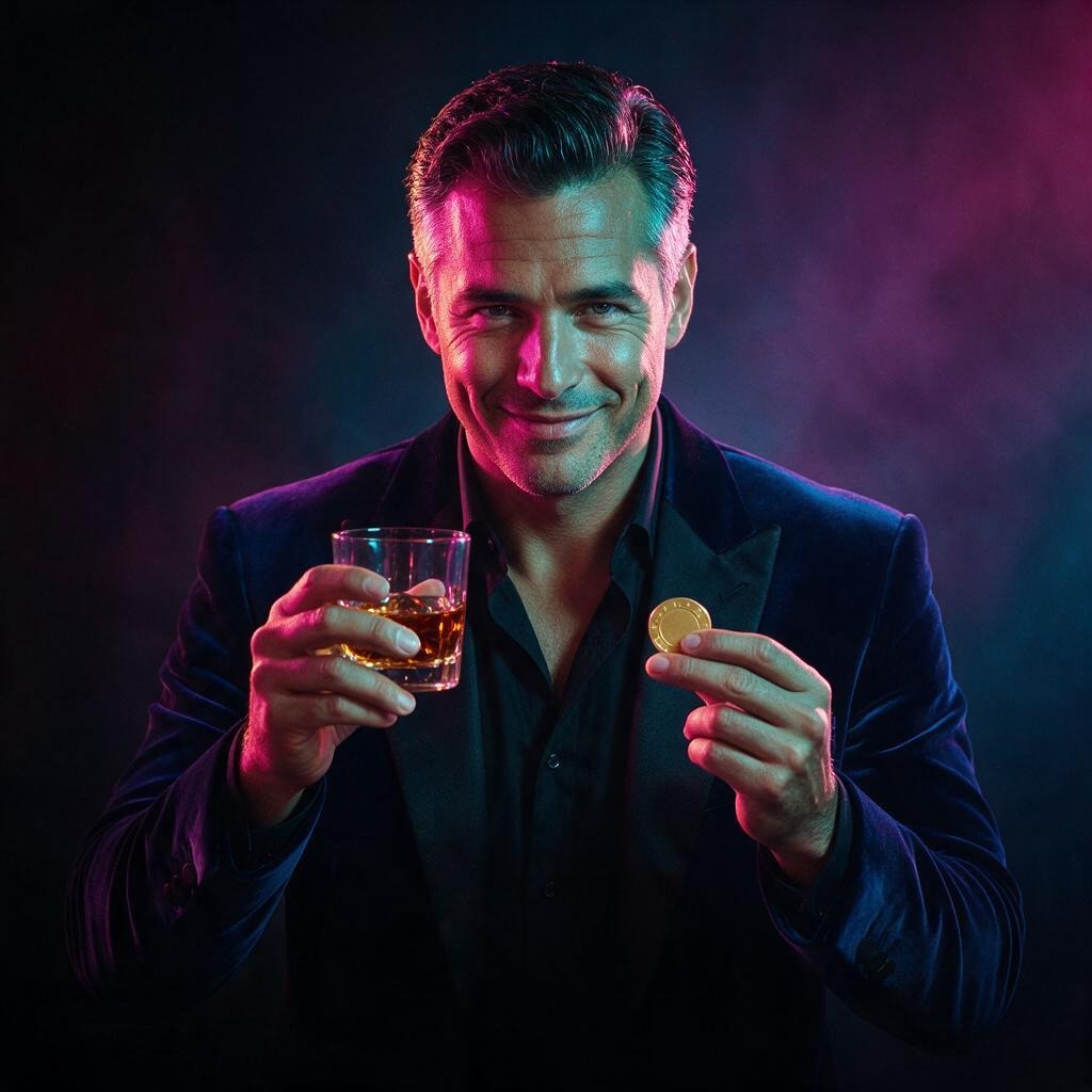Smiling man in a dark velvet jacket raising a glass and holding a gold casino chip